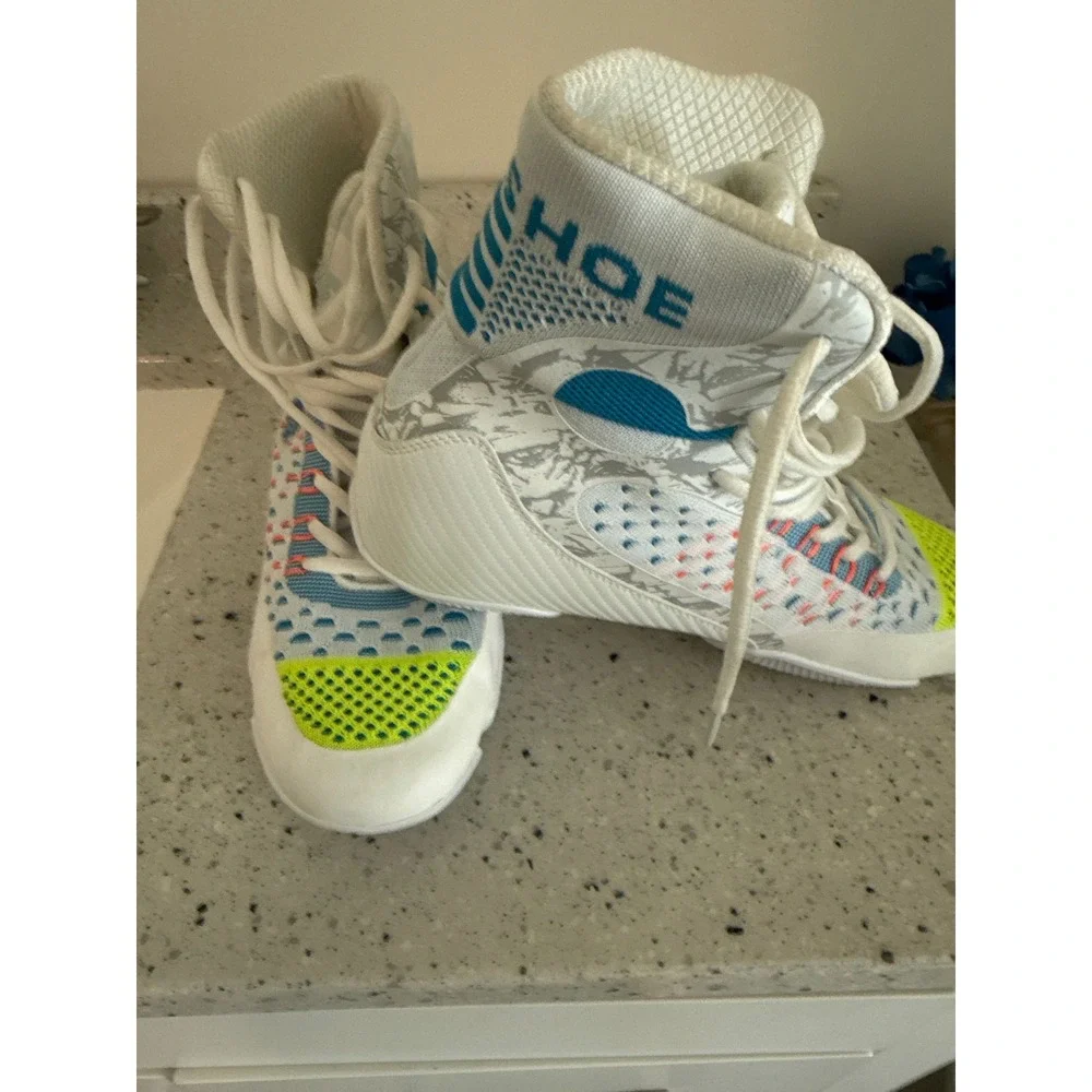 B Luck-Shoe Wrestling Boots White Blue Neon High Top Combat Shoes Mens 8 EUR 41